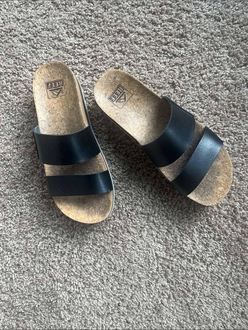 Reef  Black Double Strap Cork Footbed Slides Size 7